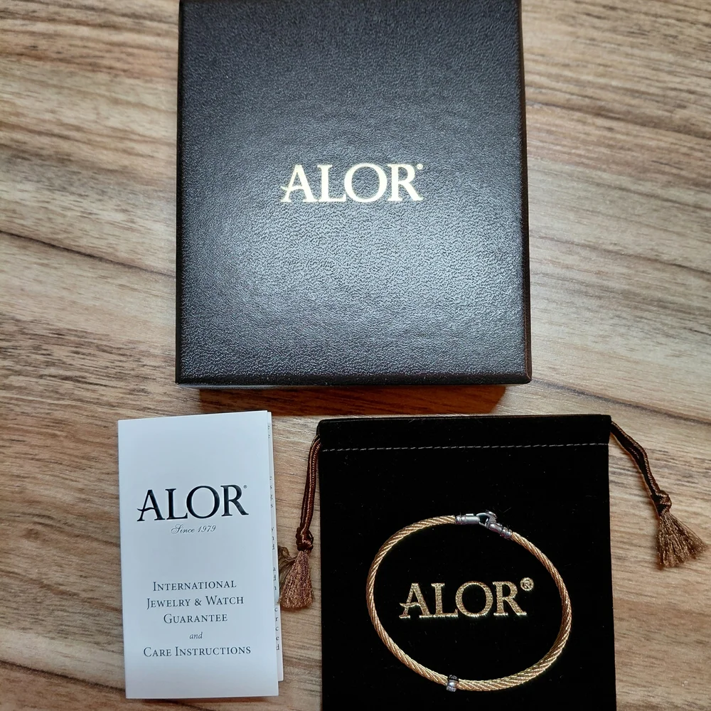 ALOR Double Row Stainless Steel Cable, 18K White Gold and Diamond Bracelet - Picture 2 of 3